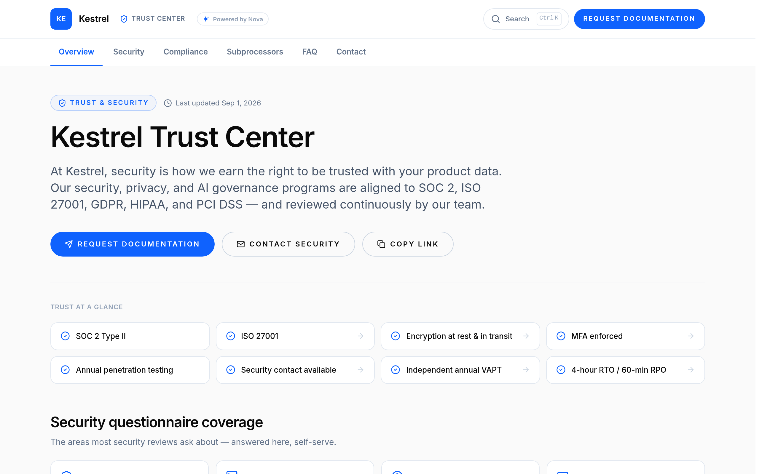Kestrel Trust Center overview page with trust-at-a-glance signals and questionnaire coverage