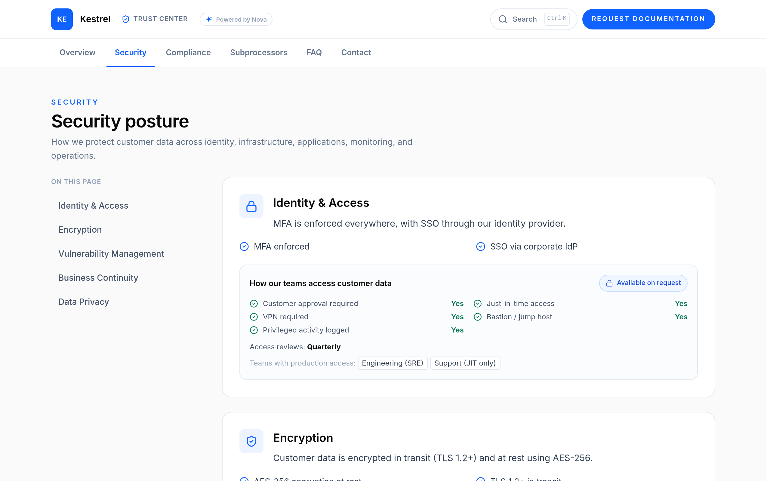 Security posture page covering identity & access, encryption, vulnerability management, and data privacy